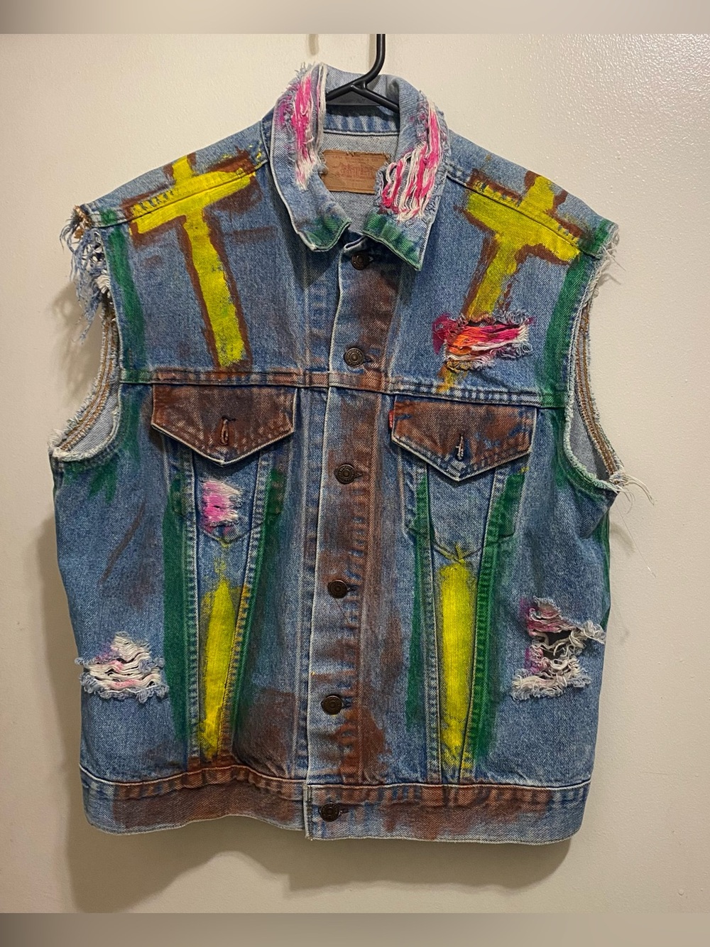 Levi’s Mens L 44” Denim Vest Upcycled Painted Distressed Blue Denim Cross Punk
